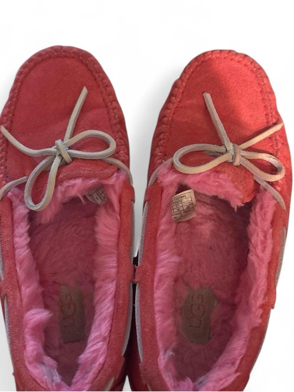 UGG Women's Red Suede Moccasins with Pink Shearling
